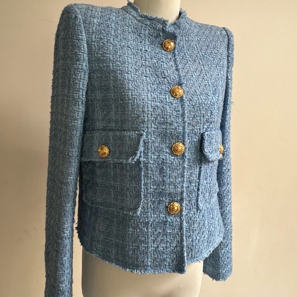 Elegant Blue Tweed Jacket with Gold Buttons - Picture 1 of 14